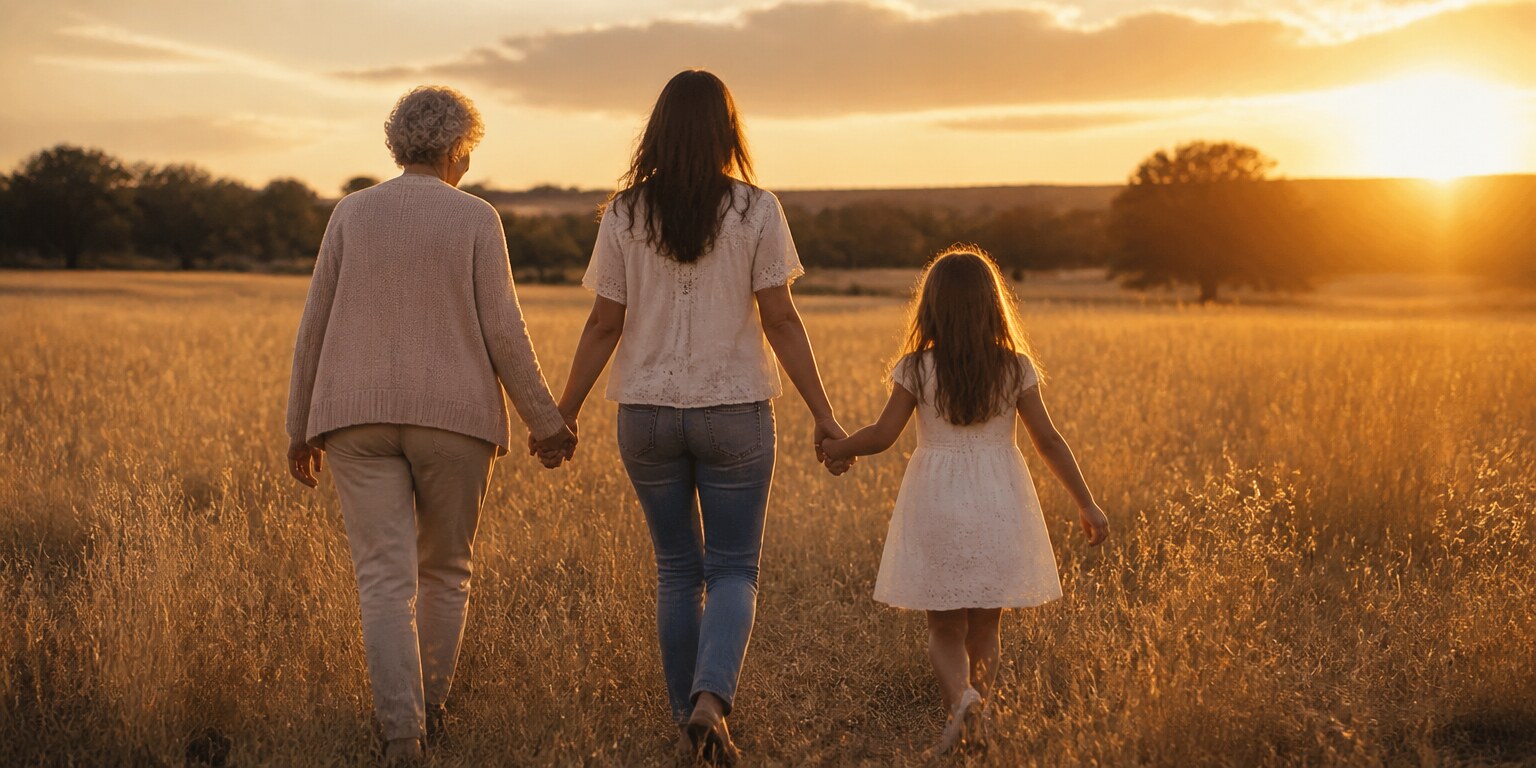Three generations walking hand in hand through a Texas prairie at sunset