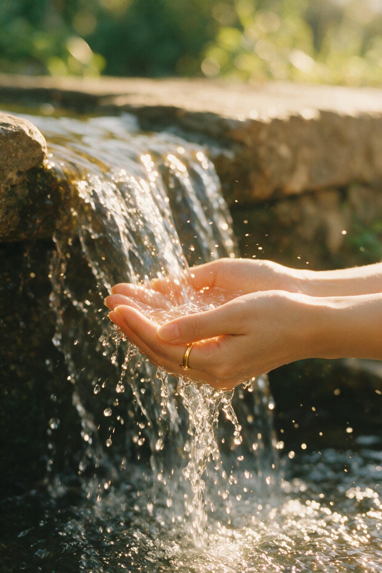 Cupped hands catching clear water at a stone fountain in golden light
